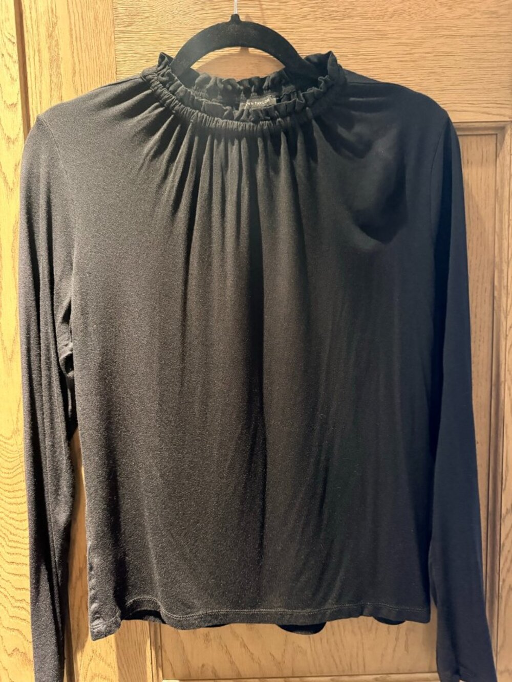 Ann Taylor Black Ruffle Mock Neck Top M